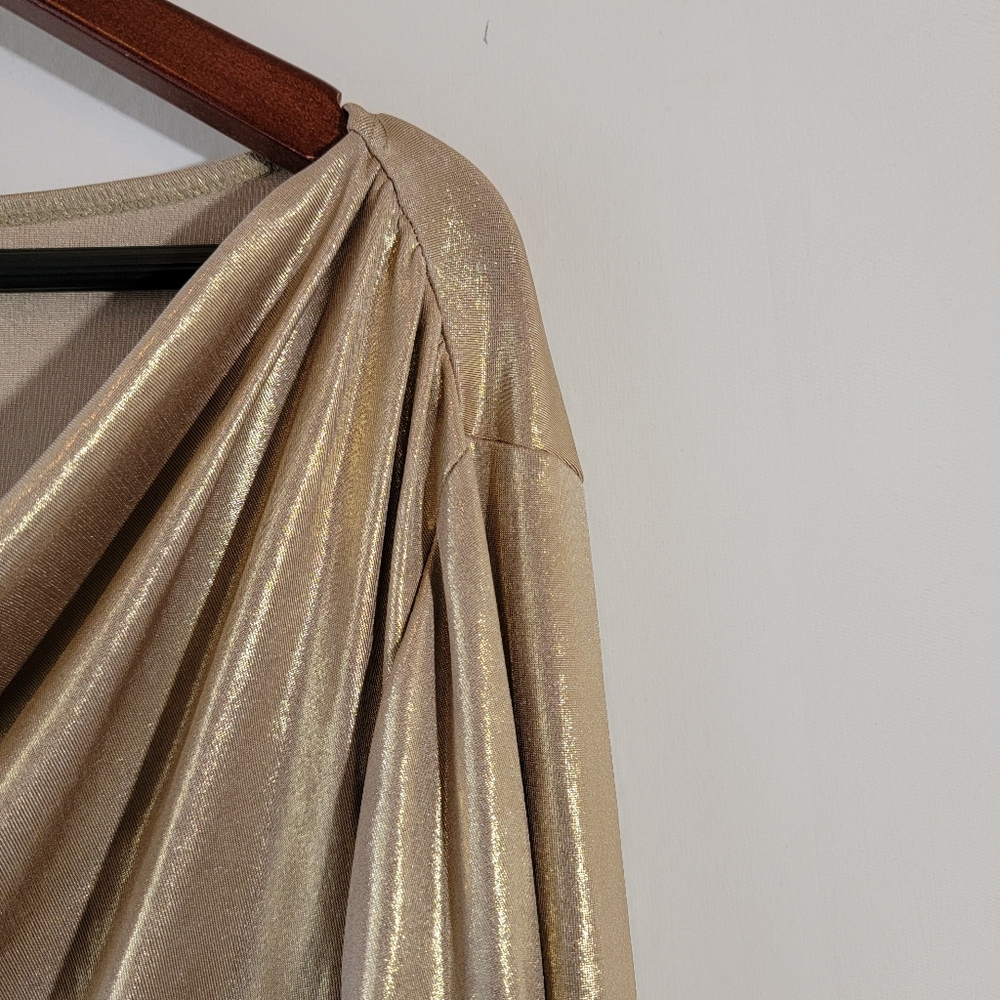 VTG MSK Gold Metallic Draped Long Sleeve Top Sz XL Minimalist Casual Glam Party - Picture 4 of 9